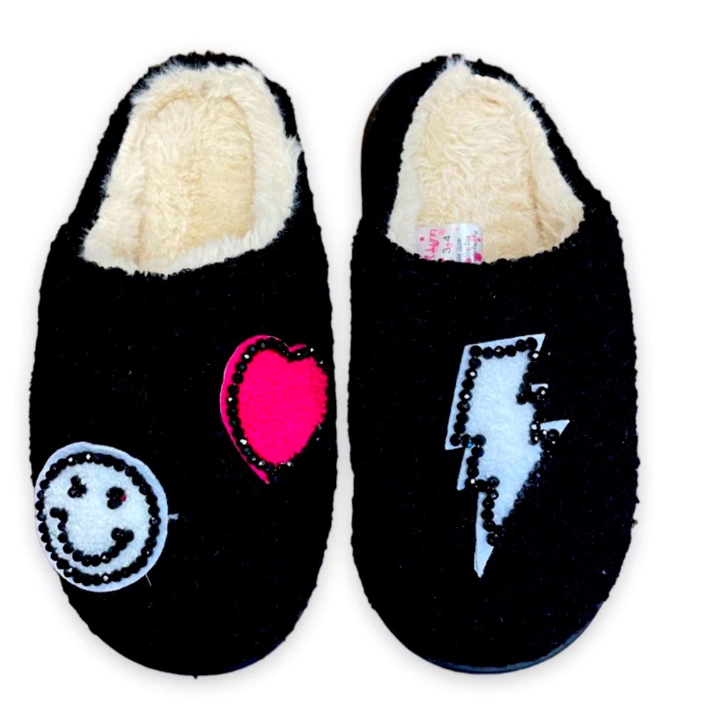 Black Smiley Heart lightning Patch Slides Slippers Girls Sz 1-2